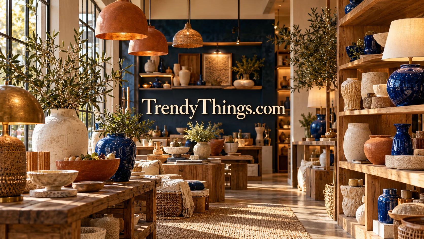 Warm, sunlit lifestyle shop with ceramics, considered homeware and natural oak shelves