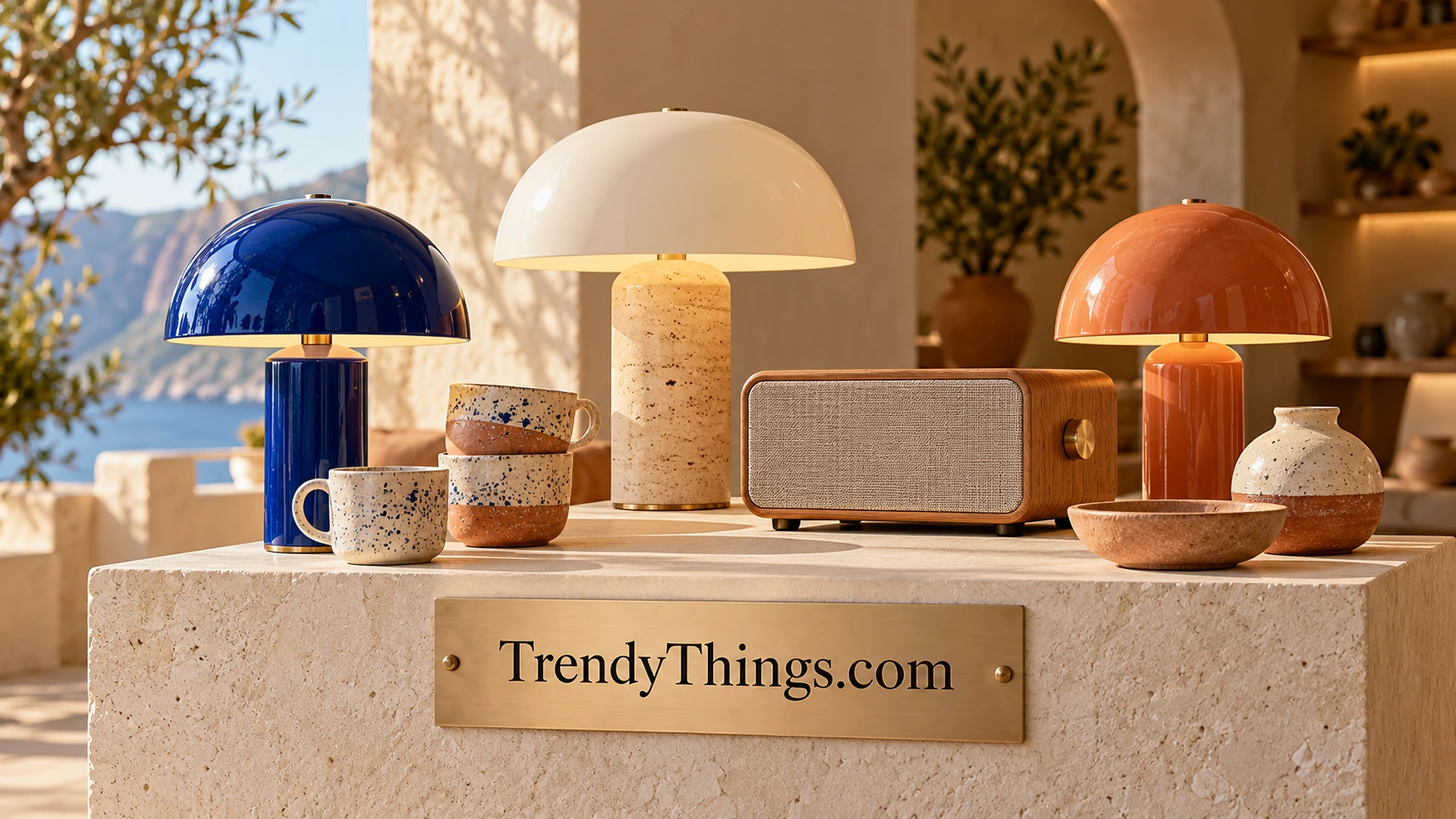 Considered ceramics and lighting in a warm homeware setting